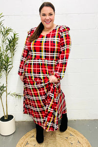 Adorable In Red Plaid Ruffle Detail Fit & Flare Midi Dress