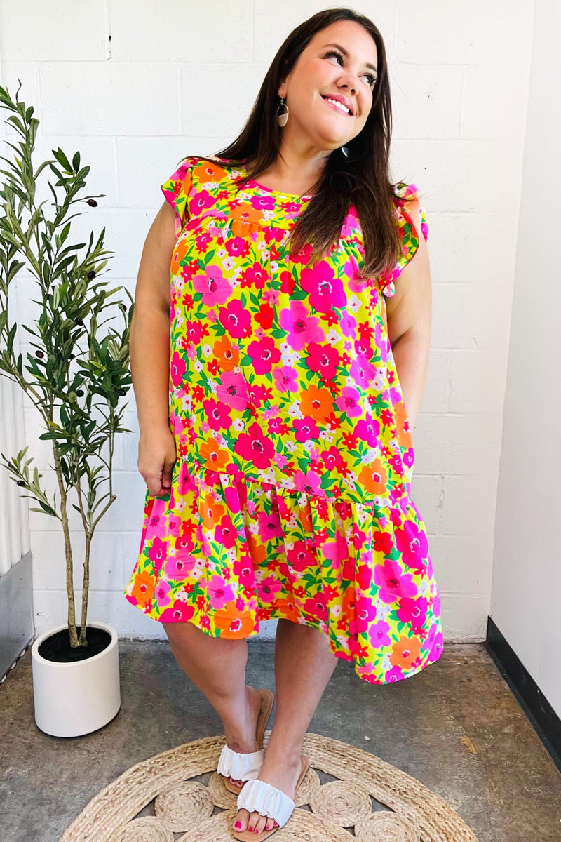 Be Charming Lime & Pink Floral Print Tiered Ruffle Sleeve Dress