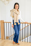 Knitted Fuzzy Pom Pom Scarf In Beige