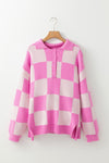 Slit Checkered Half Button Long Sleeve Sweater