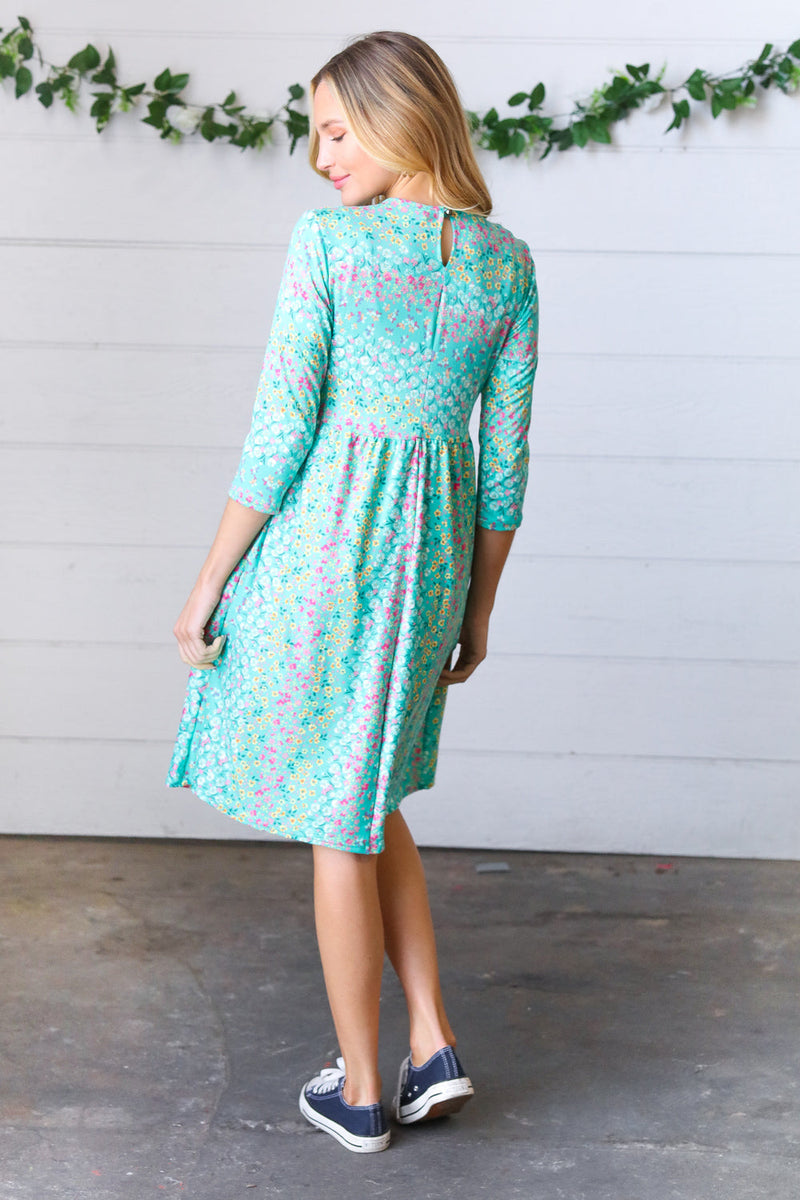 Teal Fit & Flare Midi Pocketed Dress