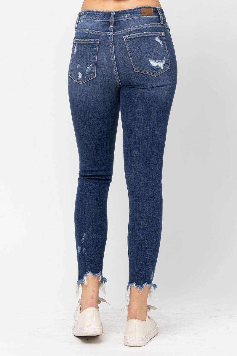 Judy Blue Mid-Rise Raw Hem Destroyed Skinny Jeans