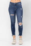 Judy Blue Mid-Rise Raw Hem Destroyed Skinny Jeans