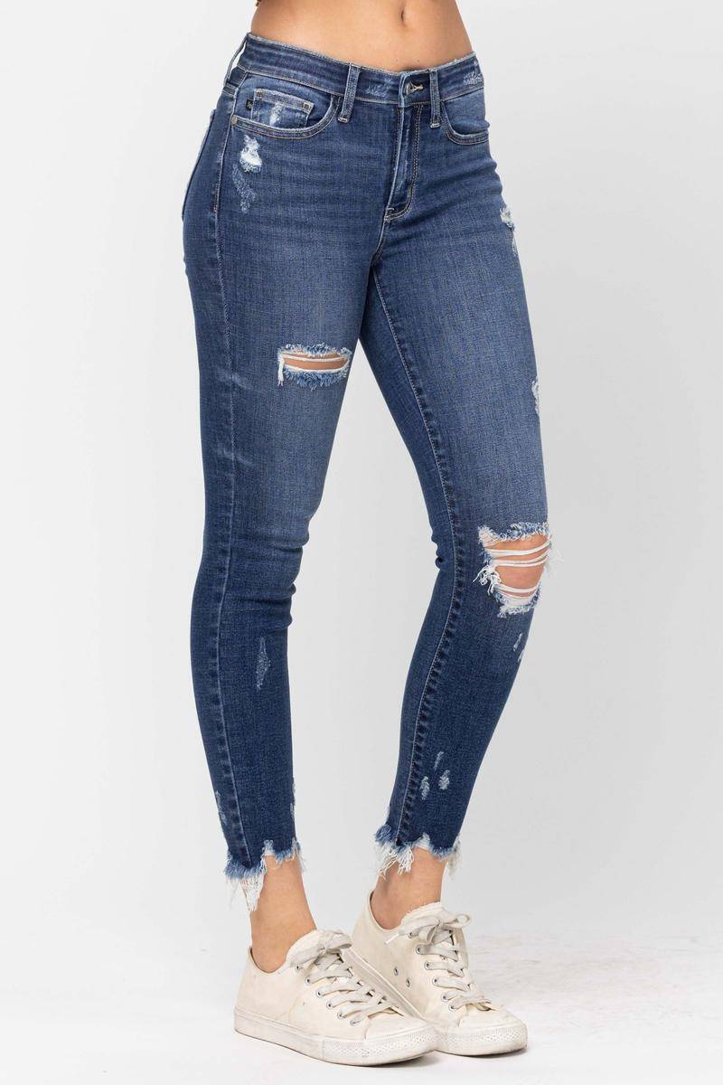 Judy Blue Mid-Rise Raw Hem Destroyed Skinny Jeans