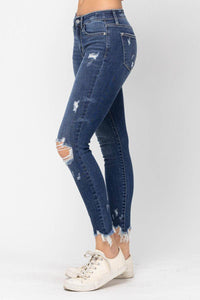 Judy Blue Mid-Rise Raw Hem Destroyed Skinny Jeans