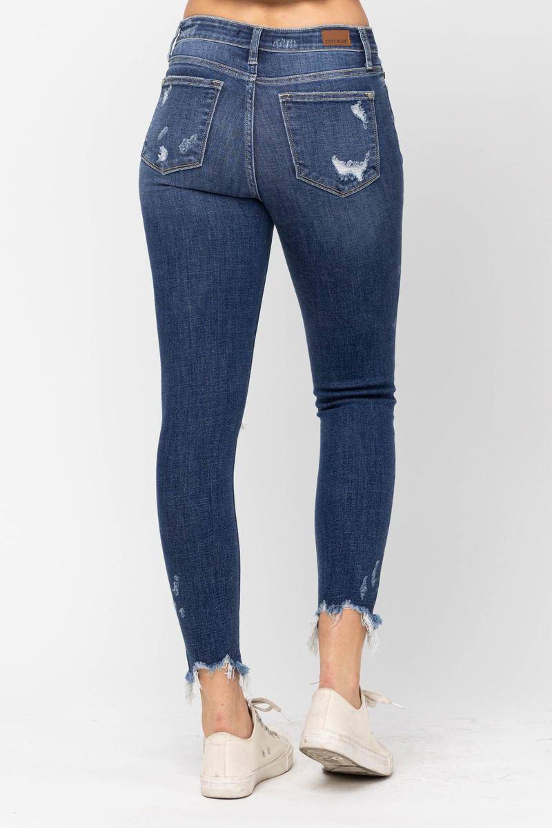 Judy Blue Mid-Rise Raw Hem Destroyed Skinny Jeans