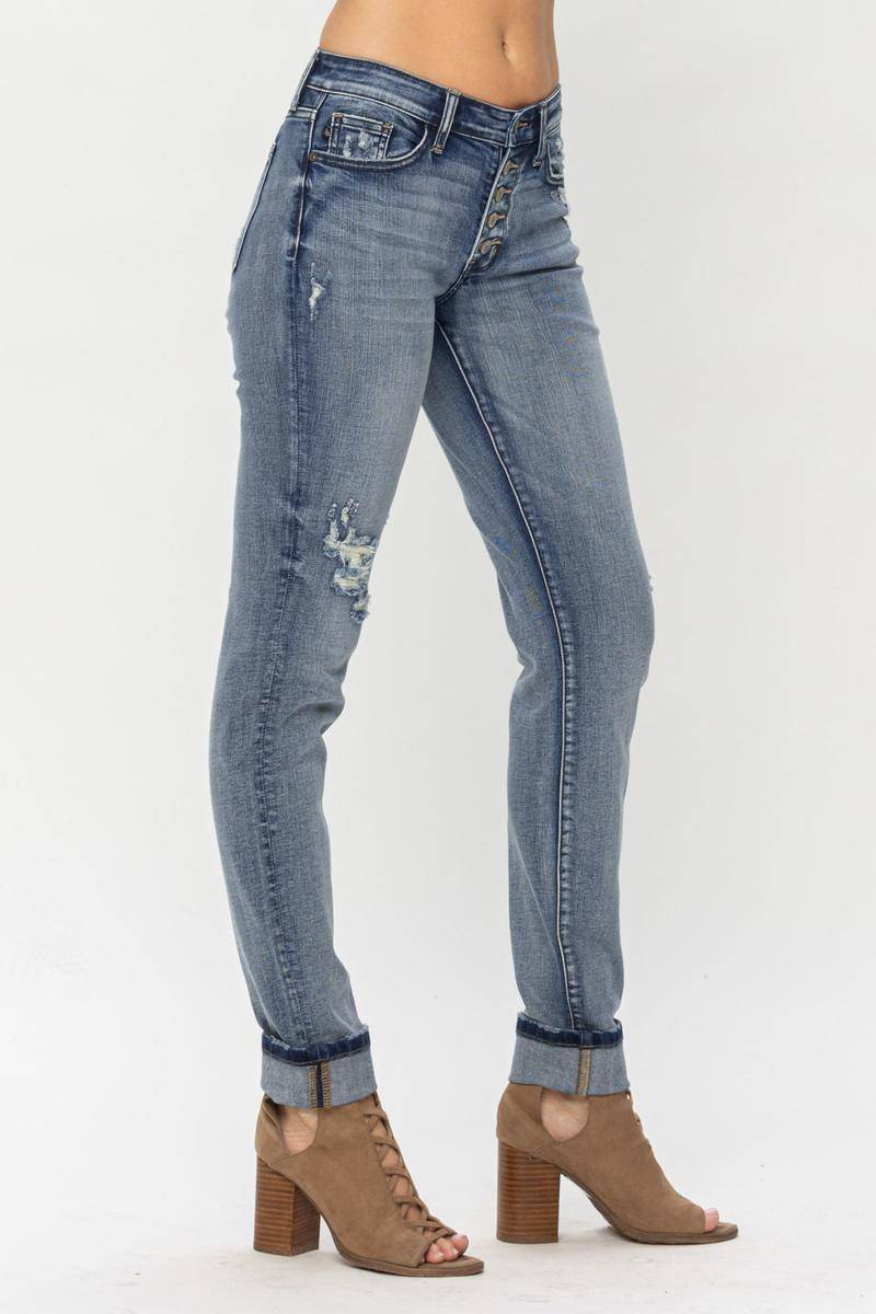 Judy Blue Mid-Rise Button Fly Contrast Wash Cuffed Boyfriend Jeans