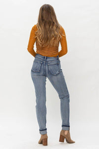 Judy Blue Mid-Rise Button Fly Contrast Wash Cuffed Boyfriend Jeans